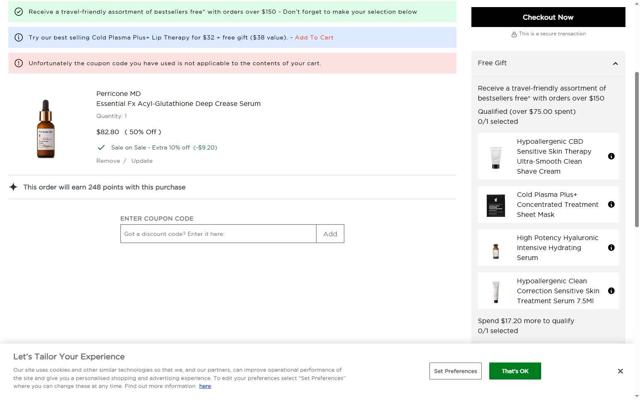 Perricone MD checkout page showing Perricone MD coupon code box | Screenshot taken by SimplyCodes community member on Jul 25, 2025