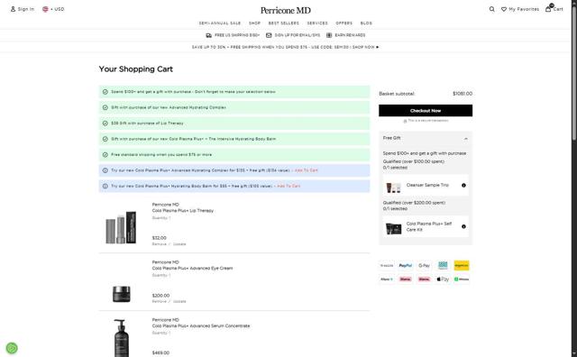 Perricone MD checkout page showing Perricone MD coupon code box | Screenshot taken by SimplyCodes community member on Aug 30, 2025