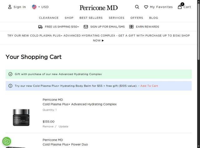 Perricone MD checkout page showing Perricone MD coupon code box | Screenshot taken by SimplyCodes community member on Aug 14, 2025