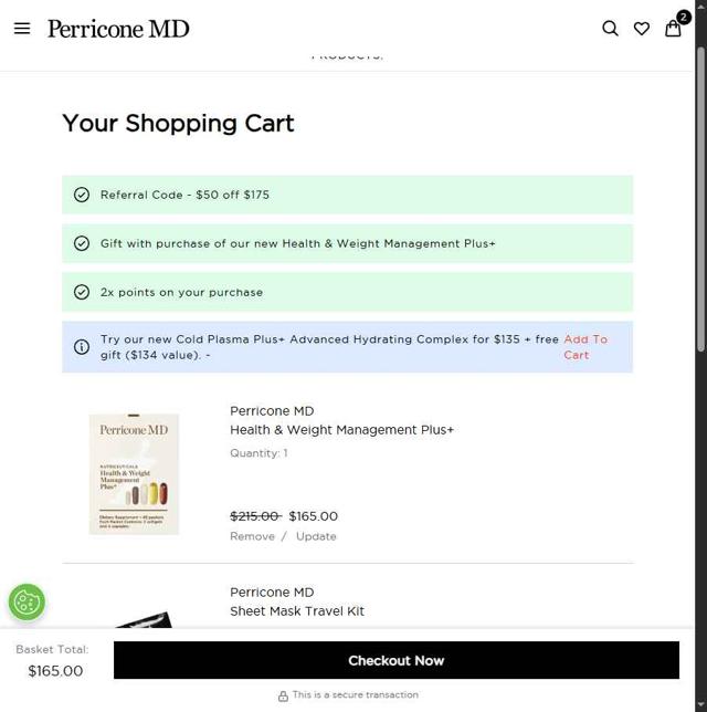 Perricone MD checkout page showing Perricone MD coupon code box | Screenshot taken by SimplyCodes community member on Sep 6, 2025