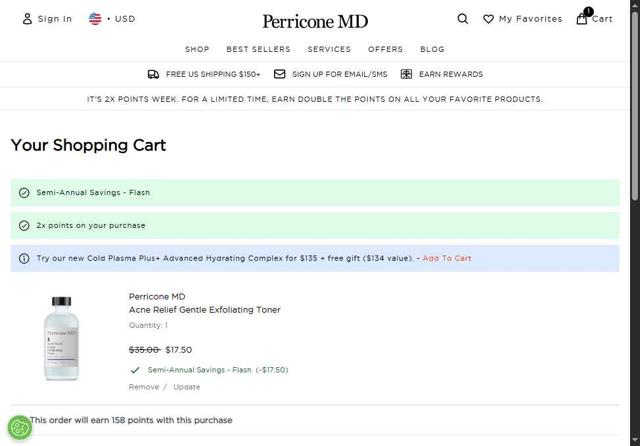 Perricone MD checkout page showing Perricone MD coupon code box | Screenshot taken by SimplyCodes community member on Sep 6, 2025