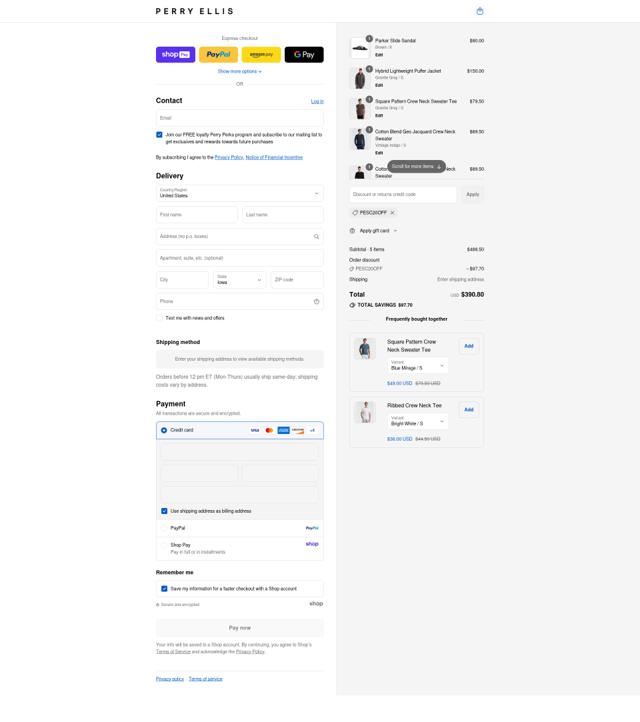 Perry Ellis checkout page showing Perry Ellis discount code box | Screenshot taken by SimplyCodes community member on Aug 17, 2025