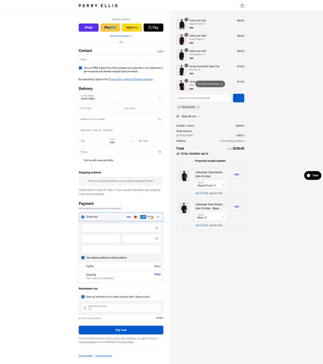 Perry Ellis checkout page showing Perry Ellis discount code box | Screenshot taken by SimplyCodes community member on Sep 4, 2025