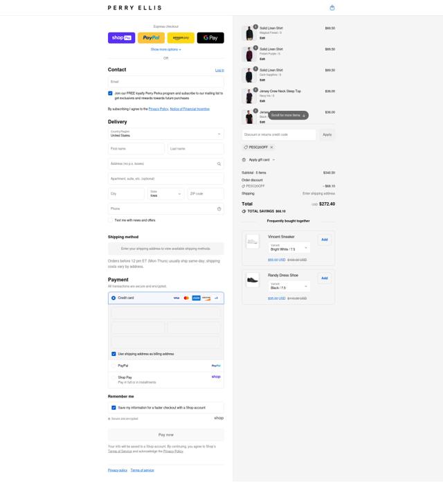 Perry Ellis checkout page showing Perry Ellis discount code box | Screenshot taken by SimplyCodes community member on Aug 27, 2025