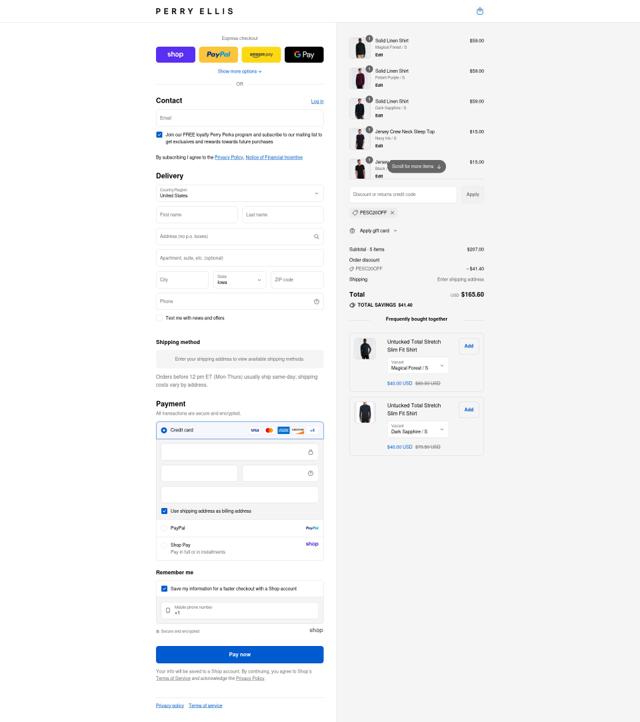 Perry Ellis checkout page showing Perry Ellis discount code box | Screenshot taken by SimplyCodes community member on Sep 9, 2025