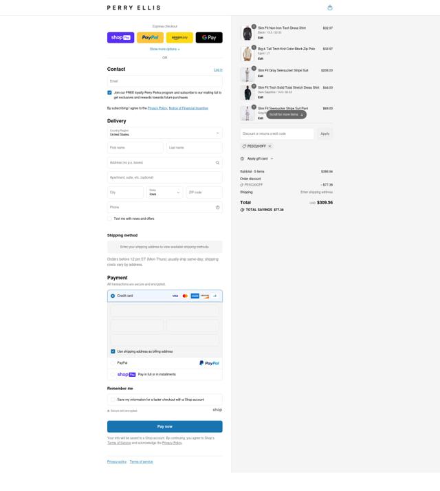 Perry Ellis checkout page showing Perry Ellis discount code box | Screenshot taken by SimplyCodes community member on Aug 9, 2025