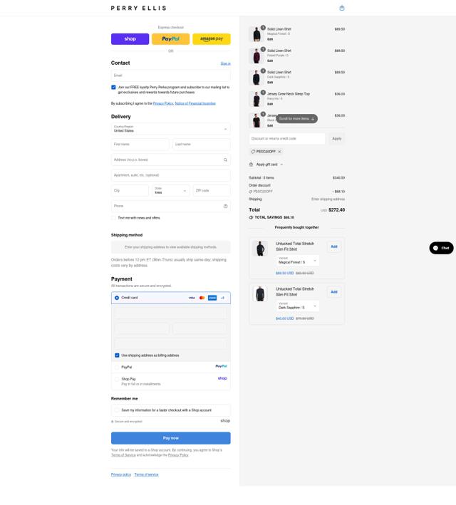 Perry Ellis checkout page showing Perry Ellis discount code box | Screenshot taken by SimplyCodes community member on Sep 12, 2025