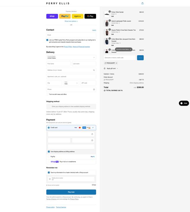 Perry Ellis checkout page showing Perry Ellis discount code box | Screenshot taken by SimplyCodes community member on Aug 13, 2025