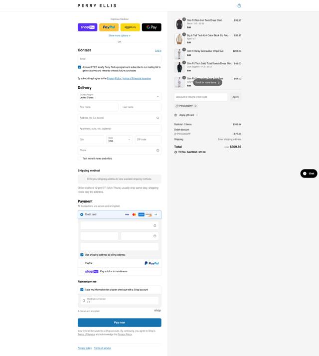 Perry Ellis checkout page showing Perry Ellis discount code box | Screenshot taken by SimplyCodes community member on Aug 5, 2025
