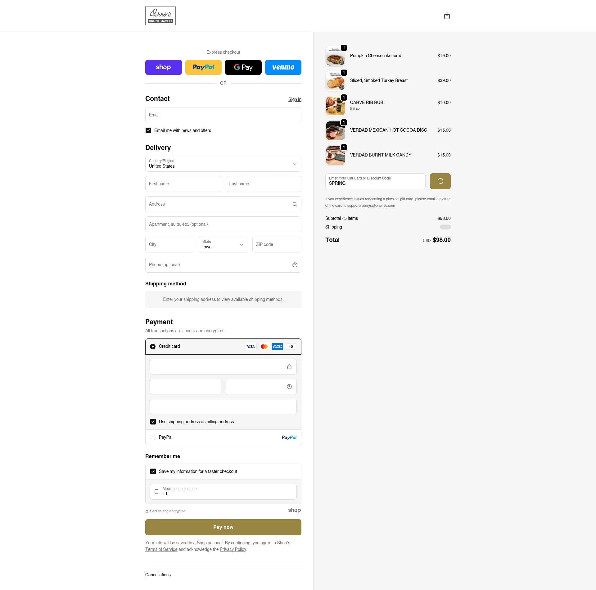Perry's Steakhouse checkout page showing Perry's Steakhouse promo code box | Screenshot taken by SimplyCodes community member on Jan 20, 2026