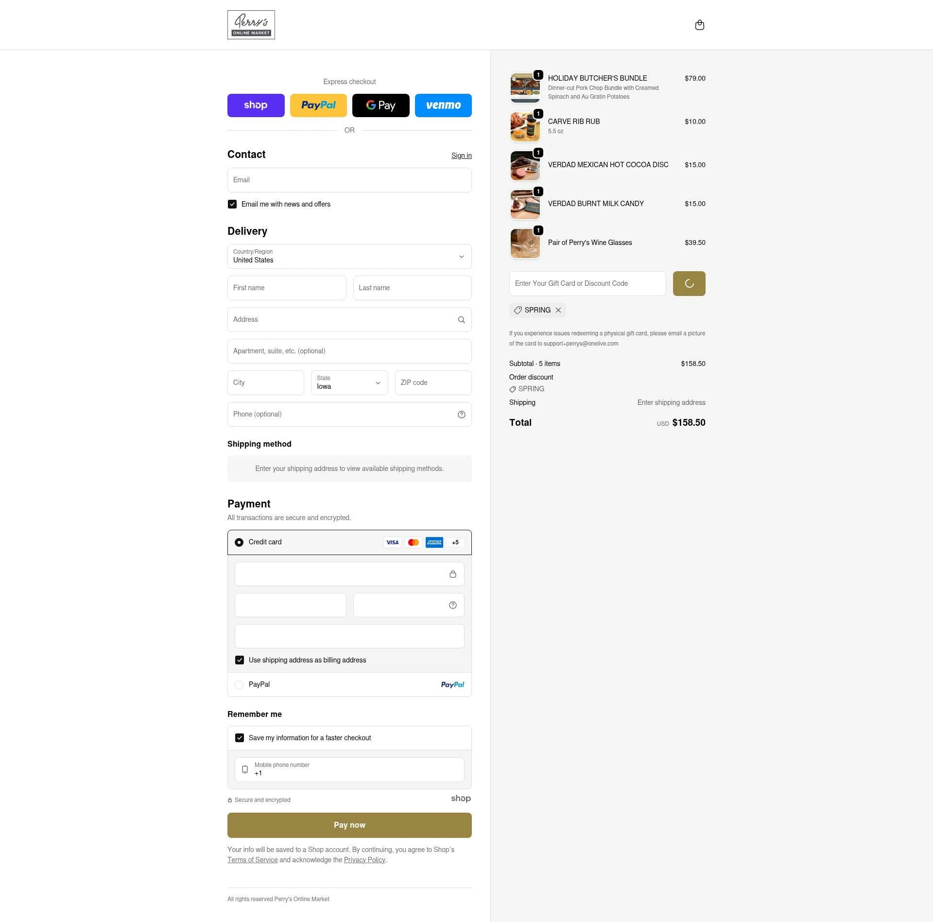 Perry's Steakhouse checkout page showing Perry's Steakhouse promo code box | Screenshot taken by SimplyCodes community member on Dec 26, 2025
