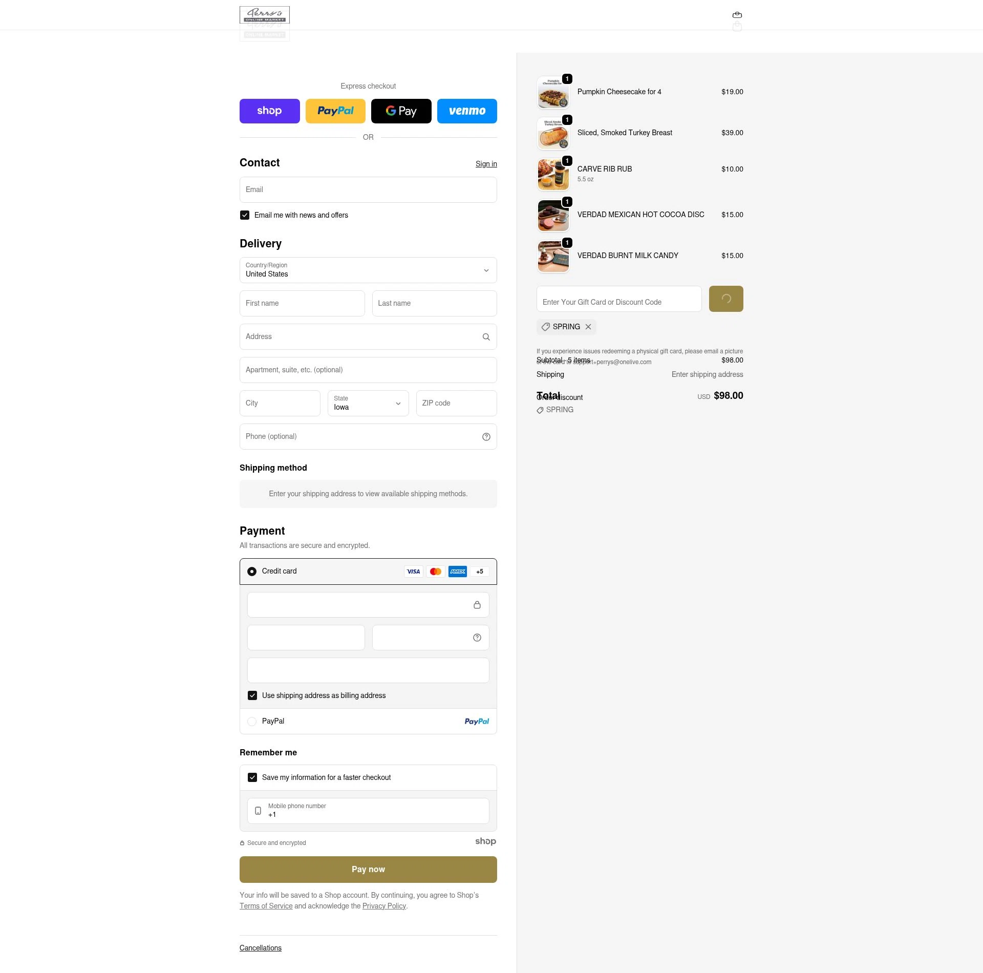 Perry's Steakhouse checkout page showing Perry's Steakhouse promo code box | Screenshot taken by SimplyCodes community member on Jan 15, 2026