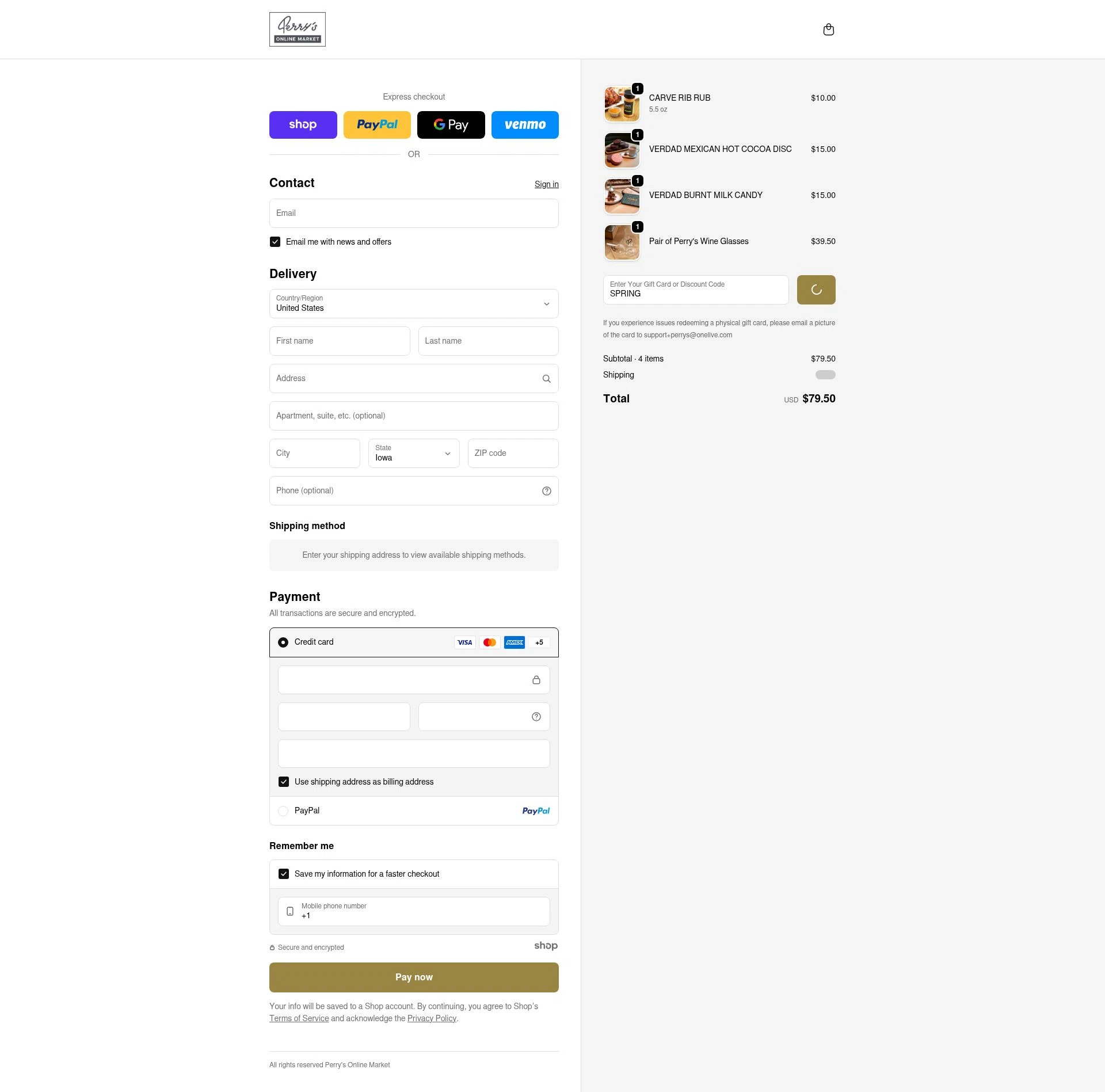 Perry's Steakhouse checkout page showing Perry's Steakhouse promo code box | Screenshot taken by SimplyCodes community member on Dec 21, 2025