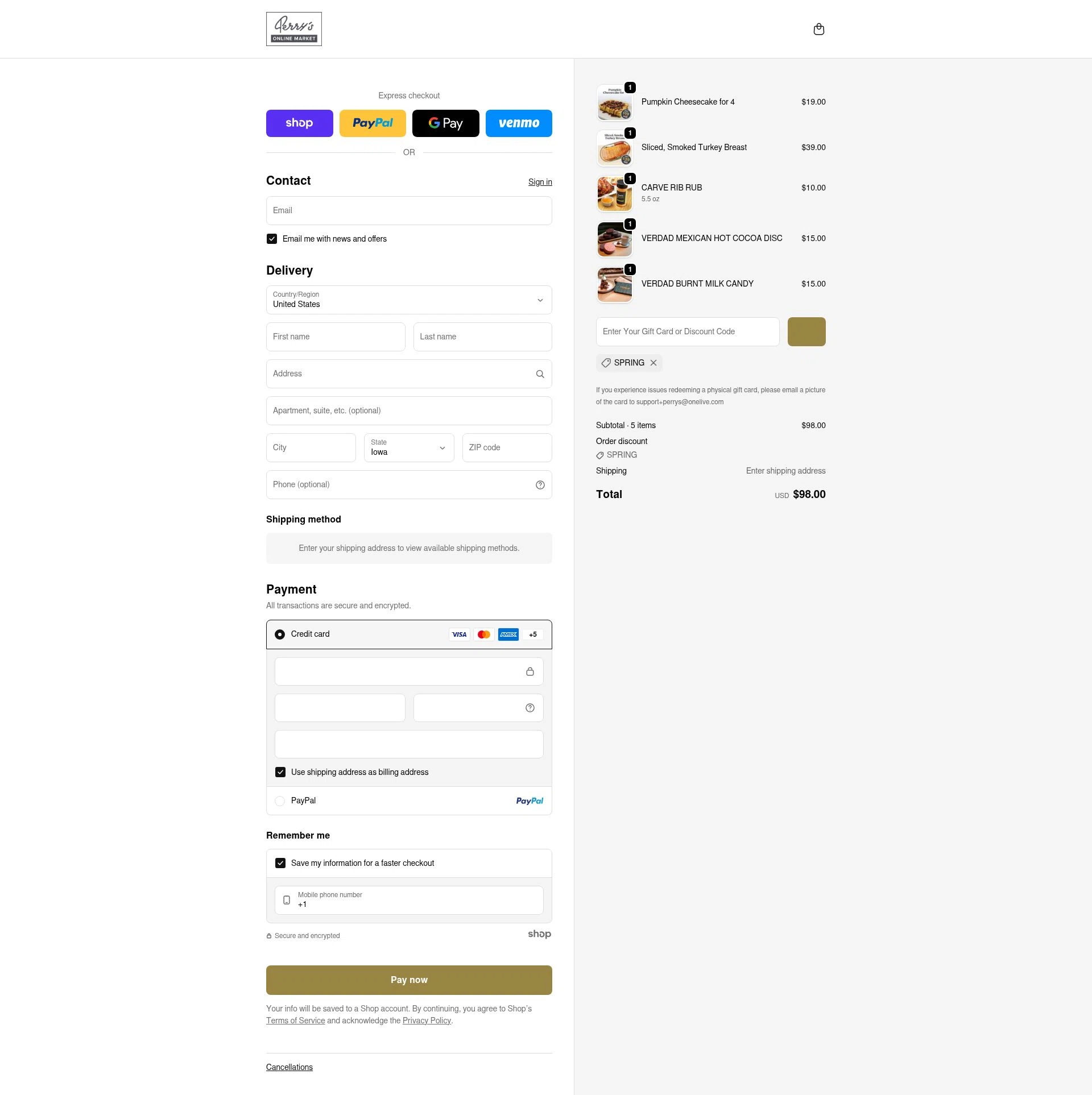 Perry's Steakhouse checkout page showing Perry's Steakhouse promo code box | Screenshot taken by SimplyCodes community member on Jan 25, 2026