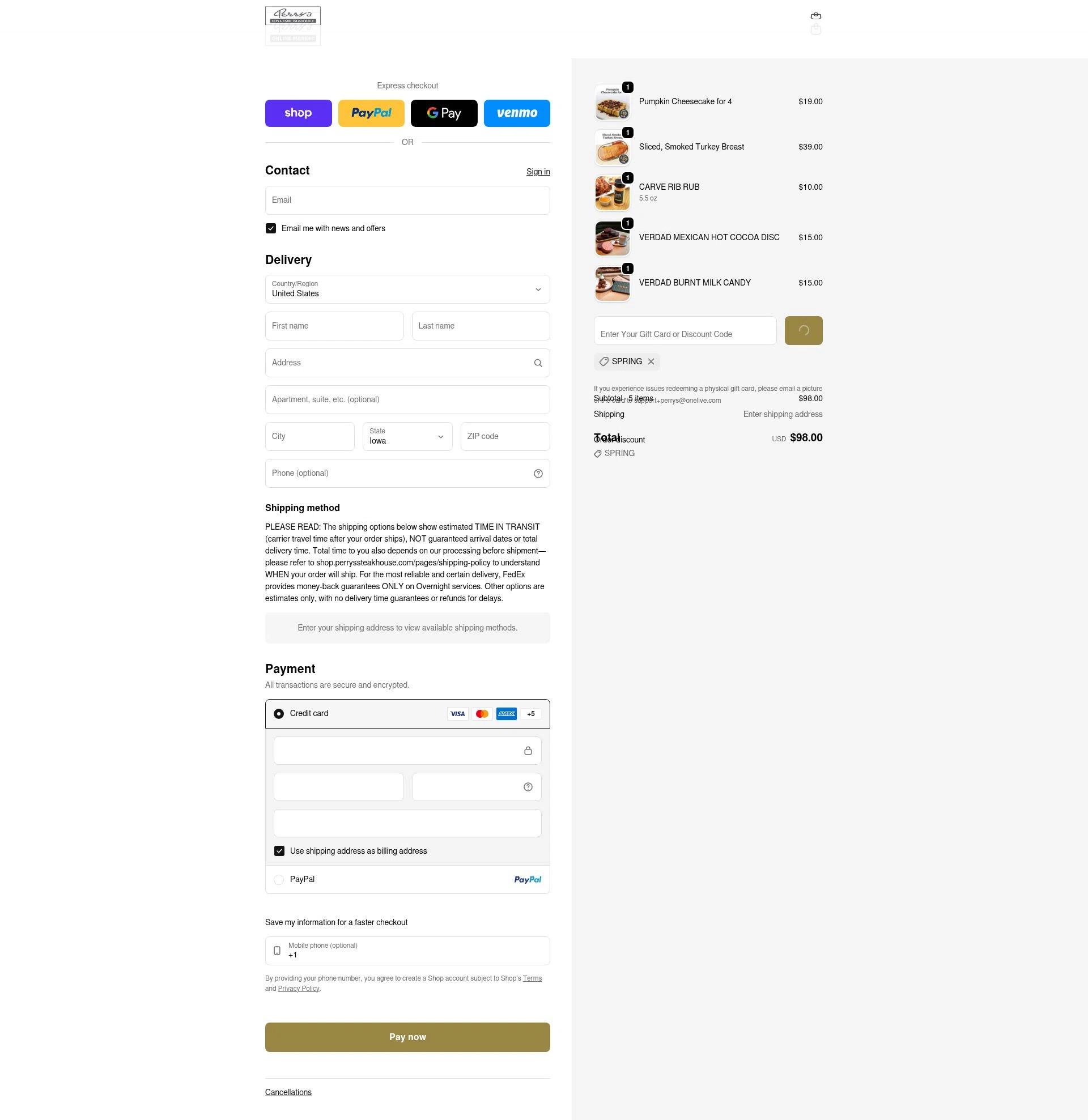 Perry's Steakhouse checkout page showing Perry's Steakhouse promo code box | Screenshot taken by SimplyCodes community member on Feb 3, 2026