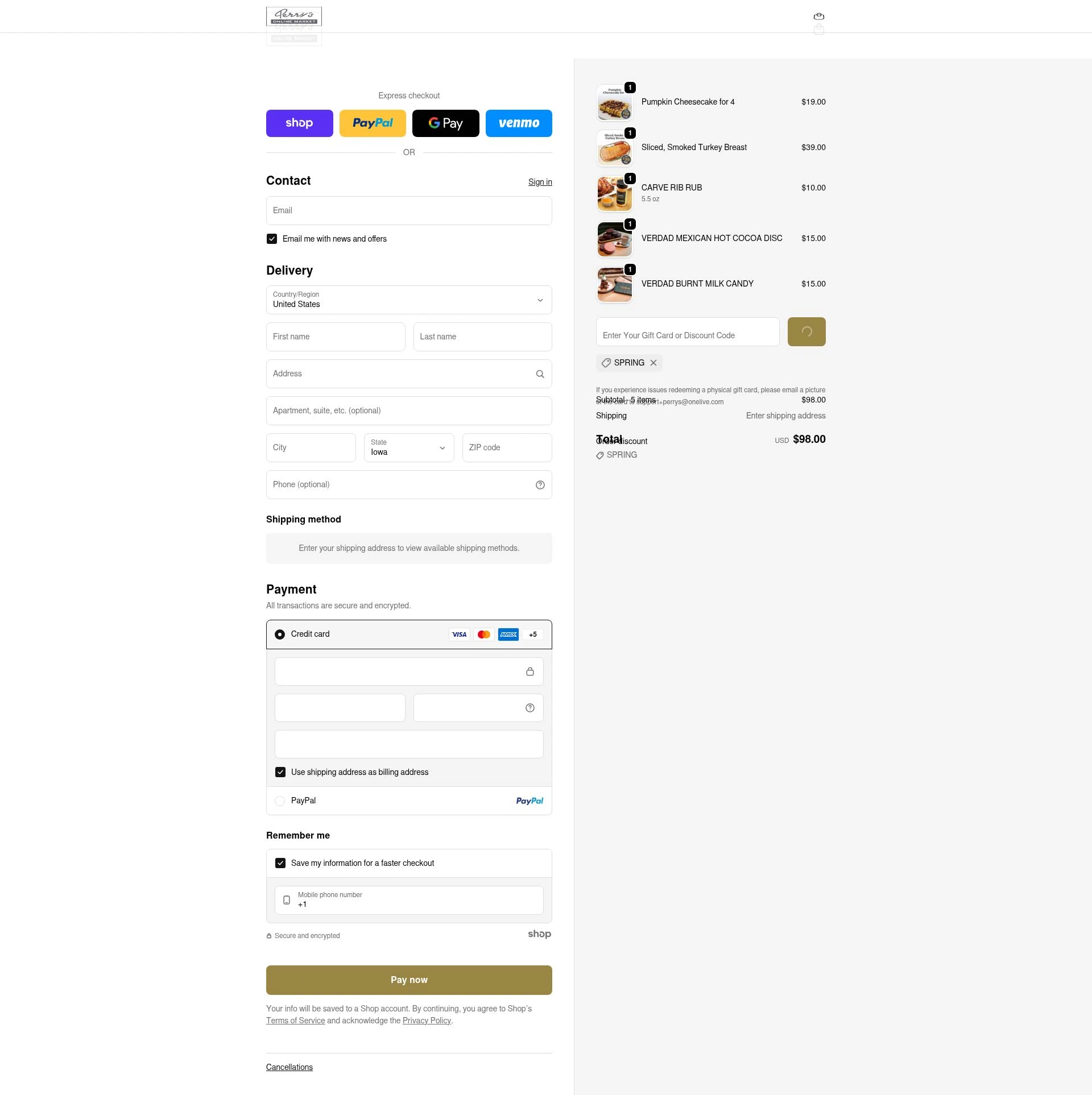 Perry's Steakhouse checkout page showing Perry's Steakhouse promo code box | Screenshot taken by SimplyCodes community member on Jan 29, 2026