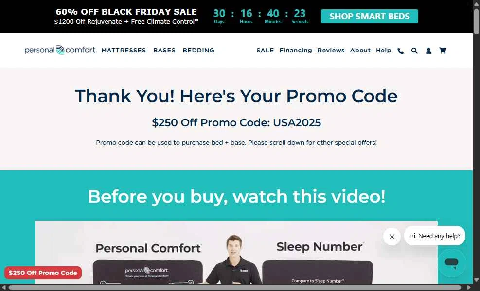Personal Comfort checkout page showing Personal Comfort promo code box | Screenshot taken by SimplyCodes community member on Oct 29, 2025