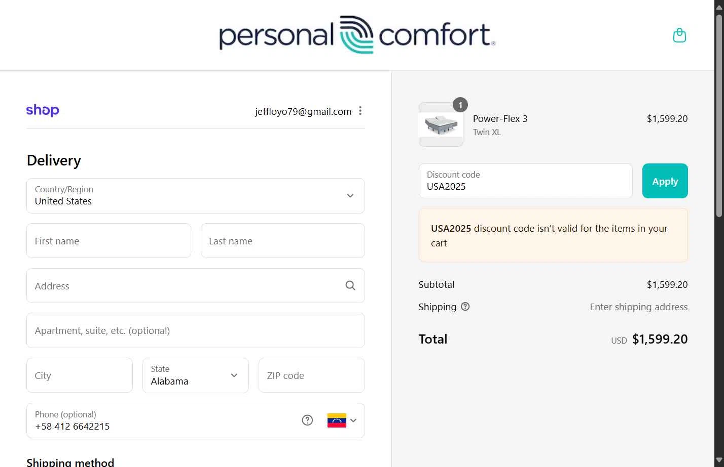 Personal Comfort checkout page showing Personal Comfort promo code box | Screenshot taken by SimplyCodes community member on Sep 4, 2025