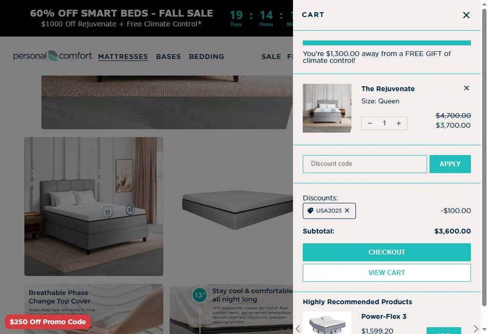 Personal Comfort checkout page showing Personal Comfort promo code box | Screenshot taken by SimplyCodes community member on Oct 8, 2025