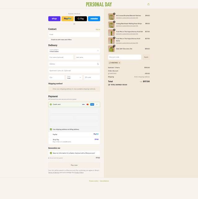 Personal Day checkout page showing Personal Day discount code box | Screenshot taken by SimplyCodes community member on Sep 12, 2025