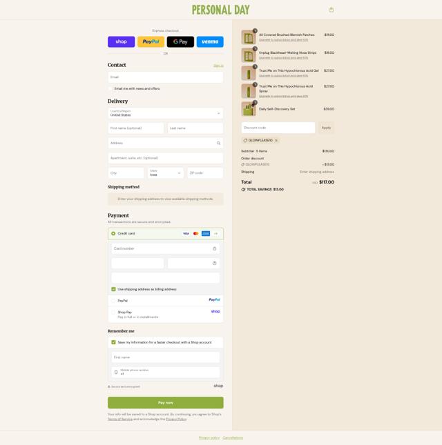 Personal Day checkout page showing Personal Day discount code box | Screenshot taken by SimplyCodes community member on Sep 12, 2025