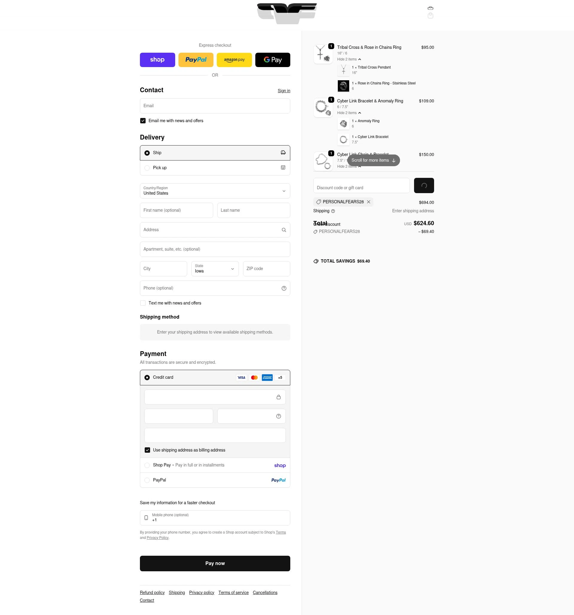 Personal Fears checkout page showing Personal Fears discount code box | Screenshot taken by SimplyCodes community member on Feb 20, 2026