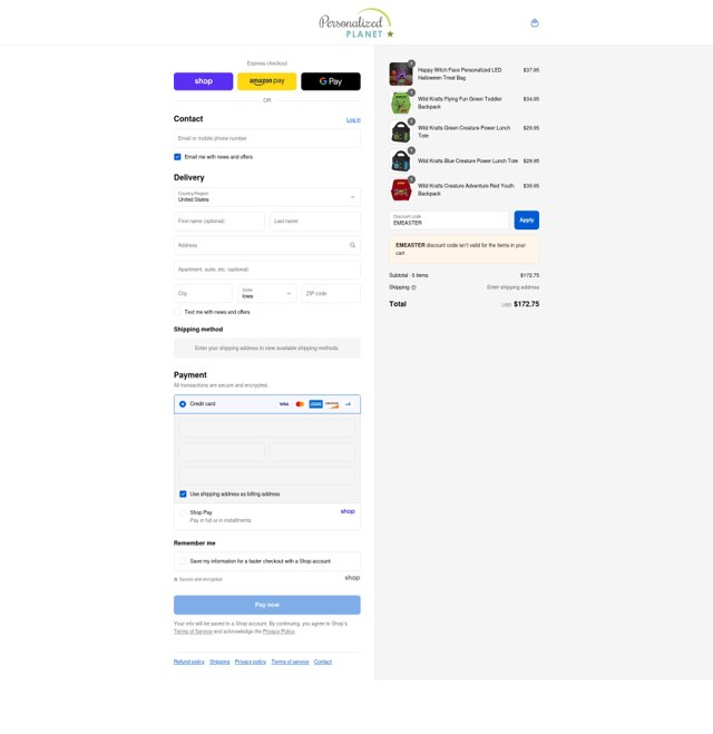 Personalized Planet checkout page showing Personalized Planet promo code box | Screenshot taken by SimplyCodes community member on Sep 8, 2025