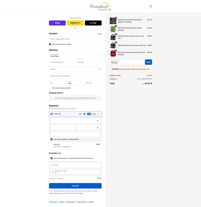 Personalized Planet checkout page showing Personalized Planet promo code box | Screenshot taken by SimplyCodes community member on Sep 8, 2025