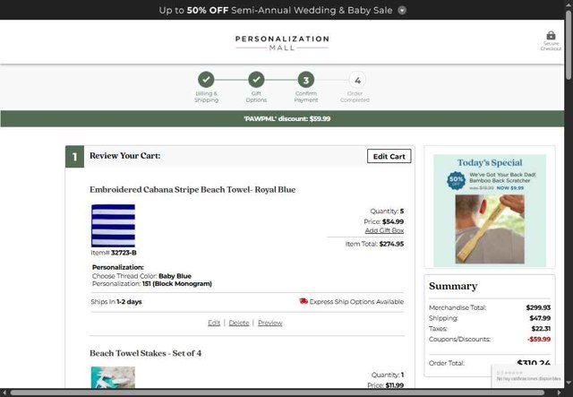 Personalization Mall checkout page showing Personalization Mall coupon code box | Screenshot taken by SimplyCodes community member on May 16, 2025