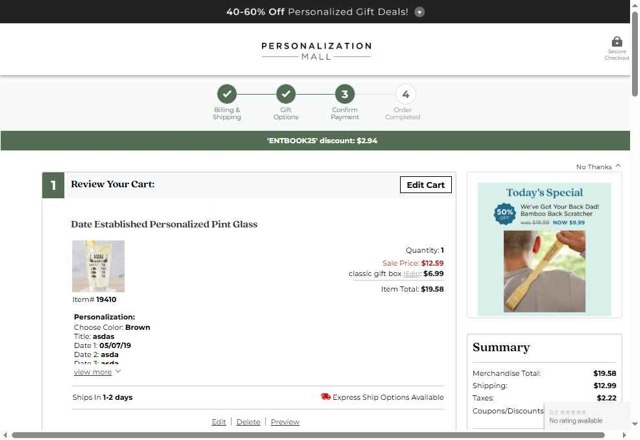 Personalization Mall checkout page showing Personalization Mall coupon code box | Screenshot taken by SimplyCodes community member on May 21, 2025