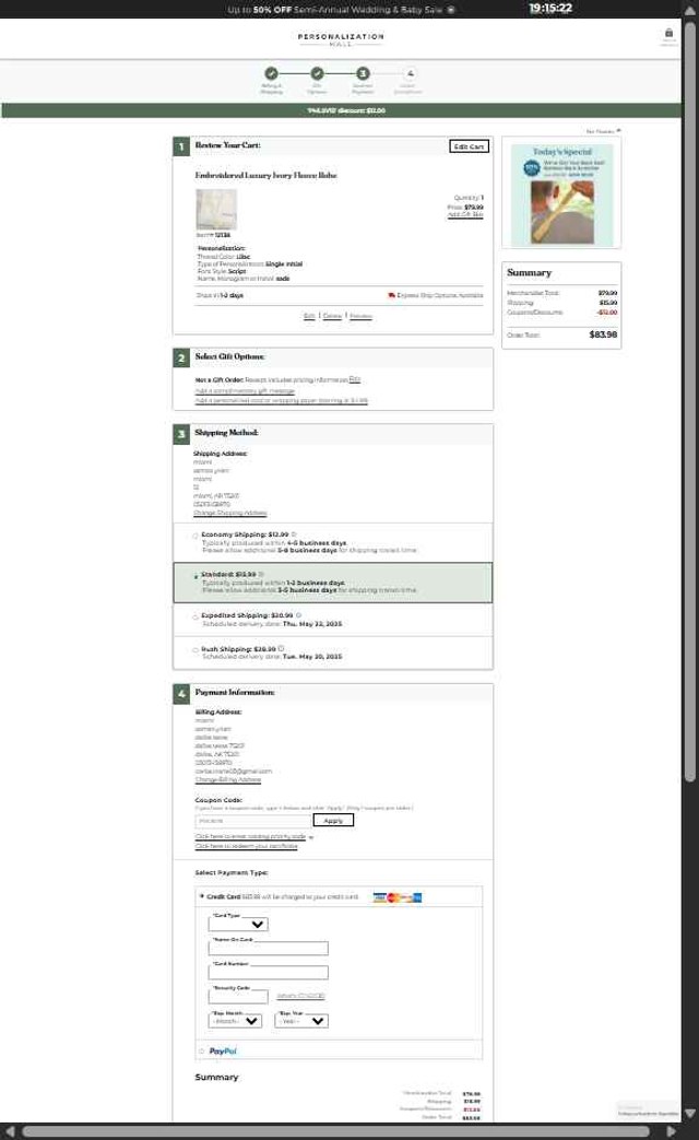 Personalization Mall checkout page showing Personalization Mall coupon code box | Screenshot taken by SimplyCodes community member on May 18, 2025