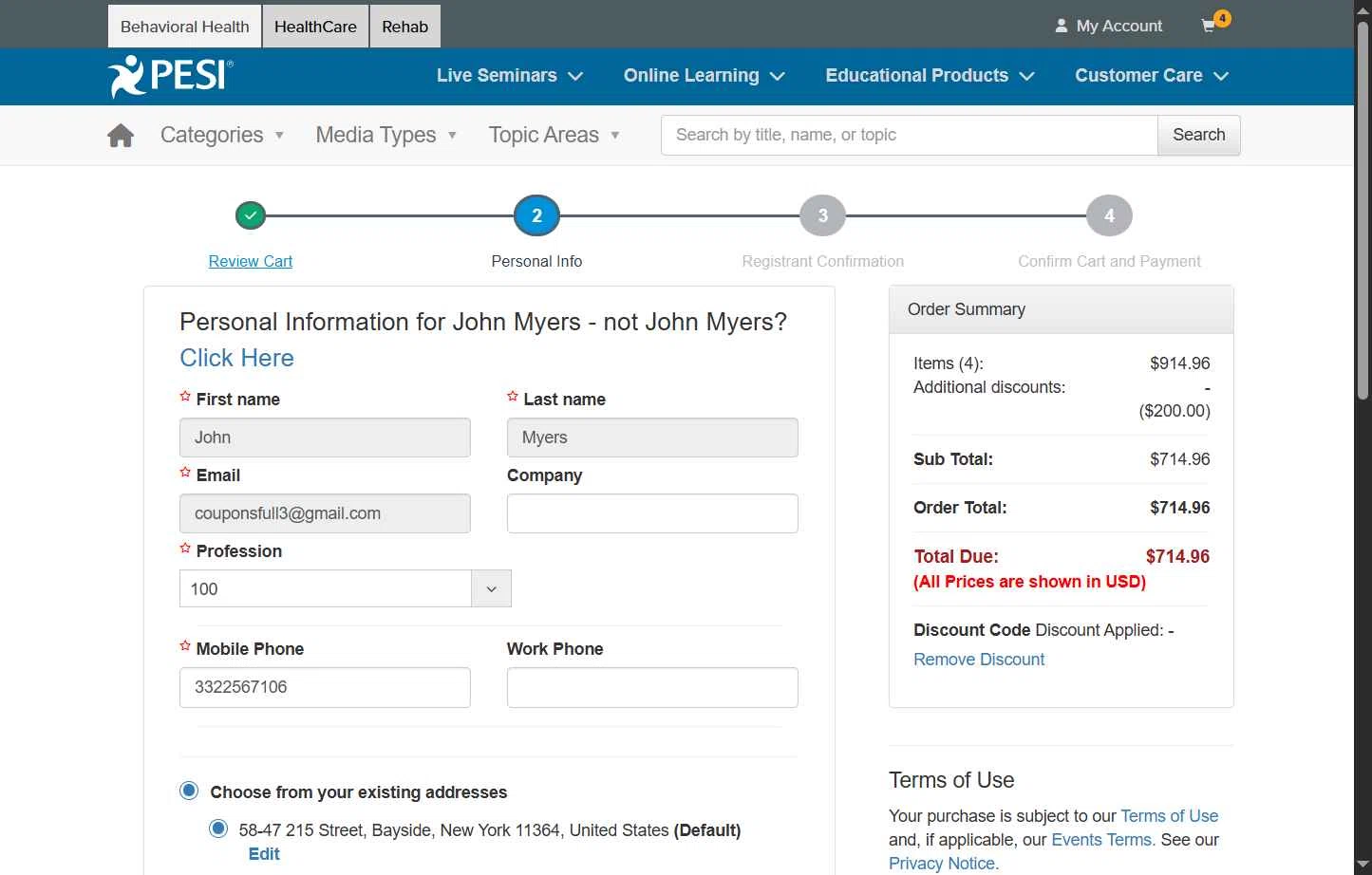 PESI checkout page showing PESI discount code box | Screenshot taken by SimplyCodes community member on Jan 29, 2026