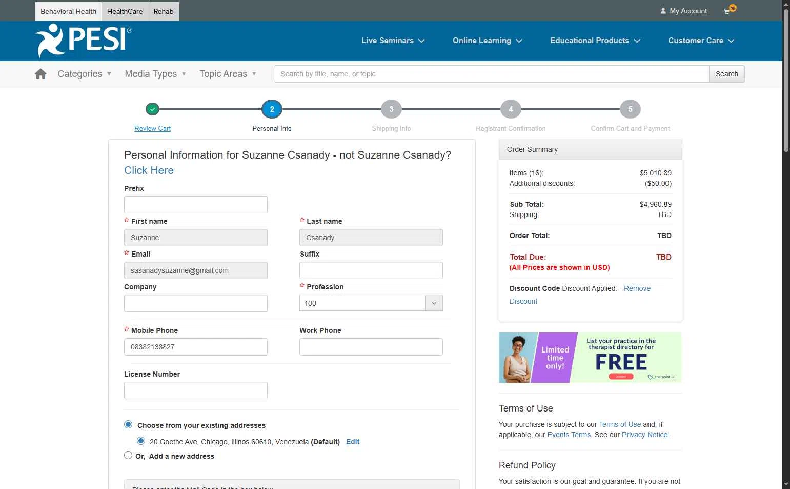 PESI checkout page showing PESI discount code box | Screenshot taken by SimplyCodes community member on Dec 11, 2025