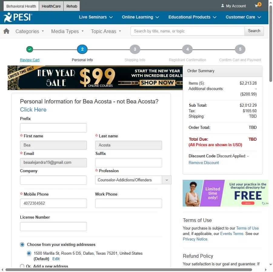 PESI checkout page showing PESI discount code box | Screenshot taken by SimplyCodes community member on Jan 5, 2026