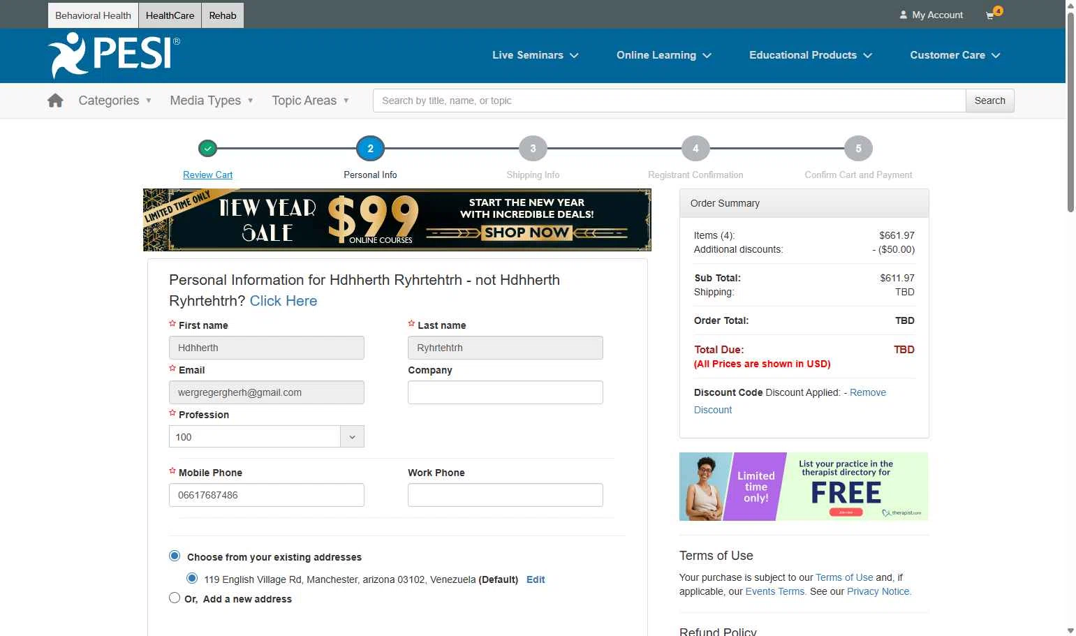PESI checkout page showing PESI discount code box | Screenshot taken by SimplyCodes community member on Jan 31, 2026