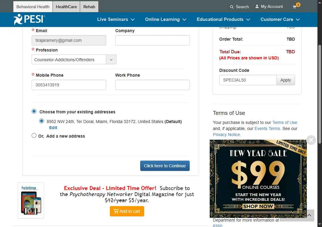 PESI checkout page showing PESI discount code box | Screenshot taken by SimplyCodes community member on Jan 31, 2026