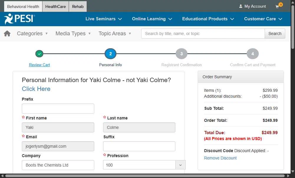 PESI checkout page showing PESI discount code box | Screenshot taken by SimplyCodes community member on Jan 31, 2026