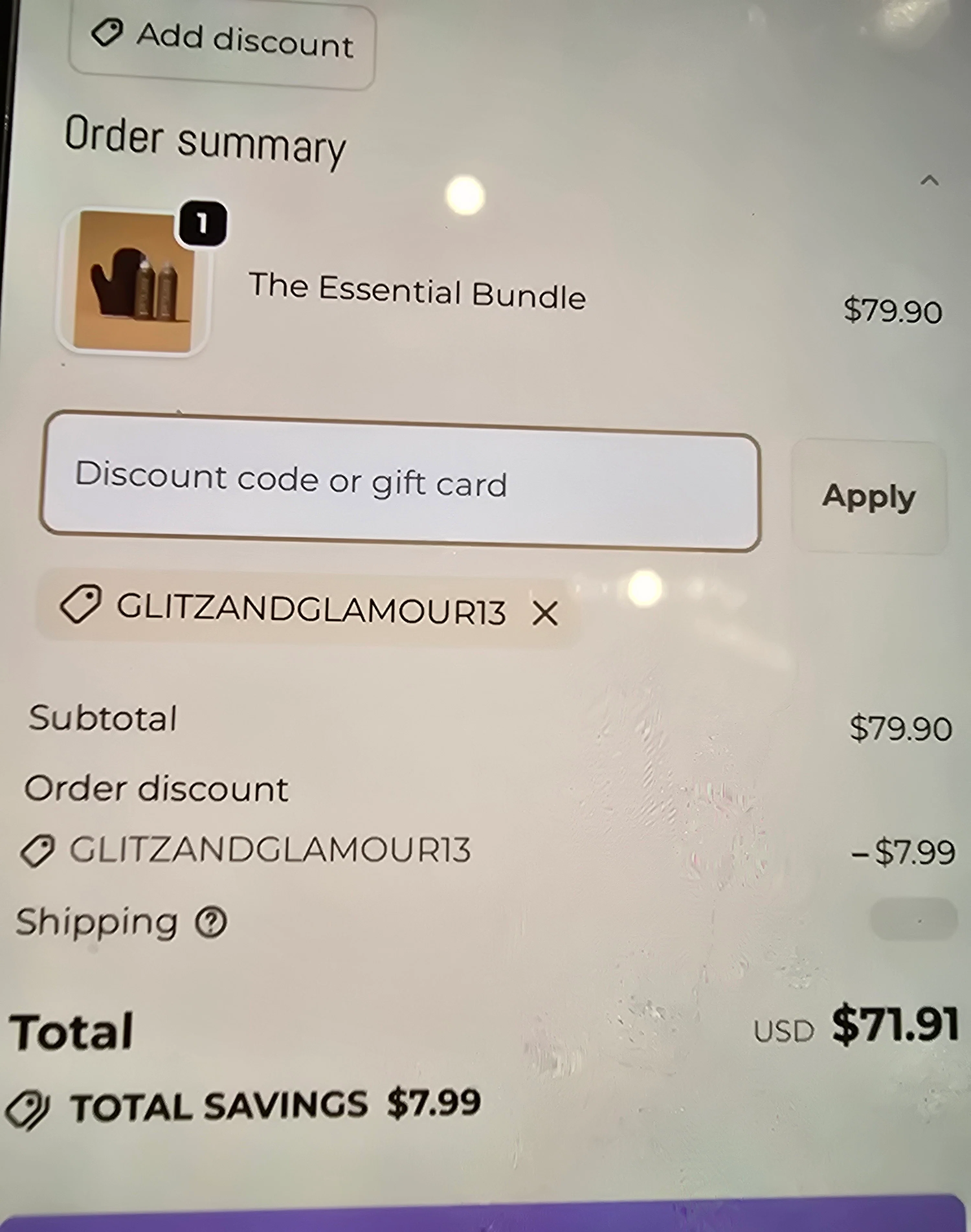 Peta Jane Beauty discount code screenshot showing code GLITZANDGLAMOUR13 applied at Peta Jane Beauty checkout page. Uploaded by SimplyCodes community member TreasureGenius2354 on Feb 2, 2026