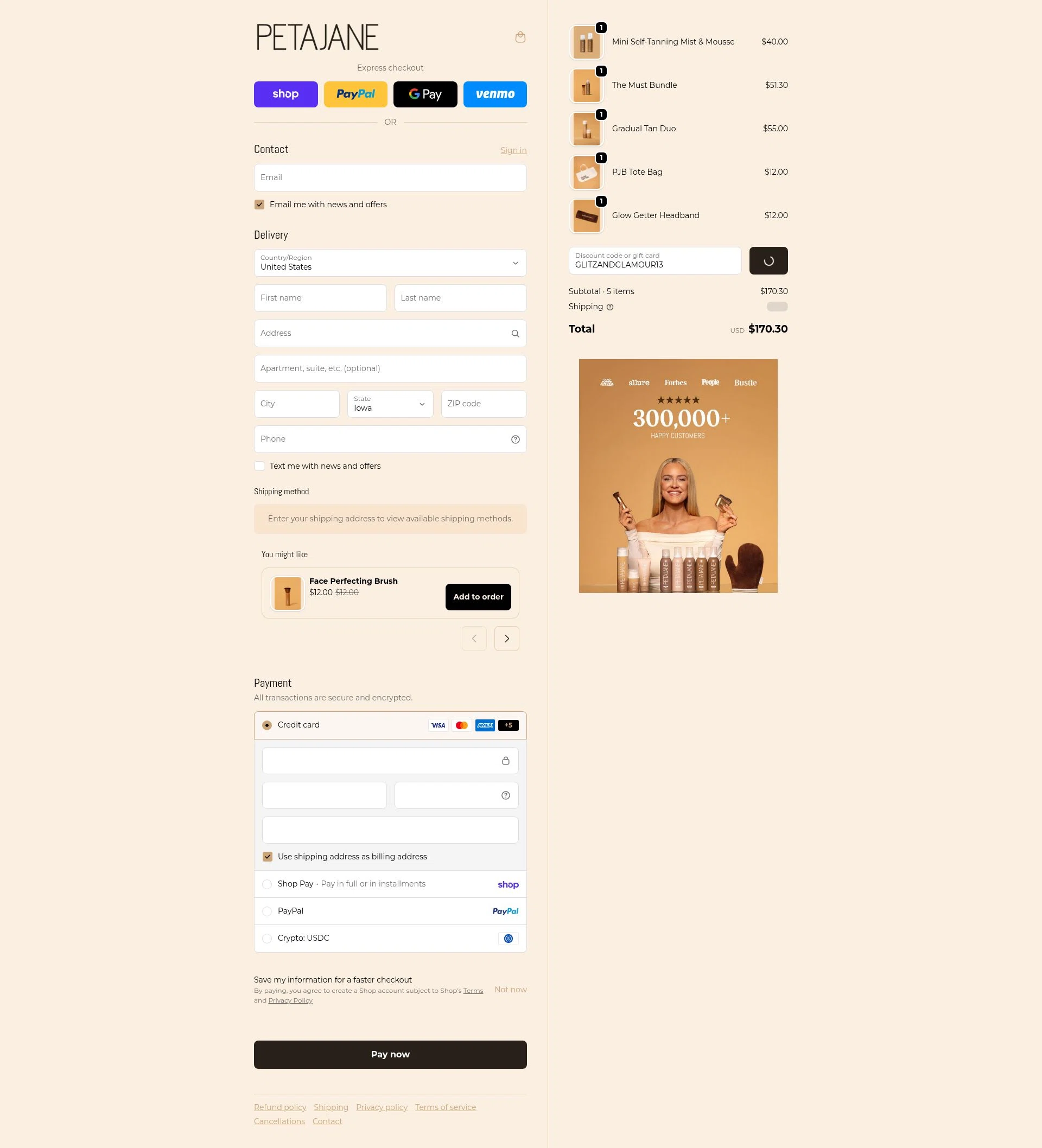 Peta Jane Beauty checkout page showing Peta Jane Beauty discount code box | Screenshot taken by SimplyCodes community member on Feb 18, 2026