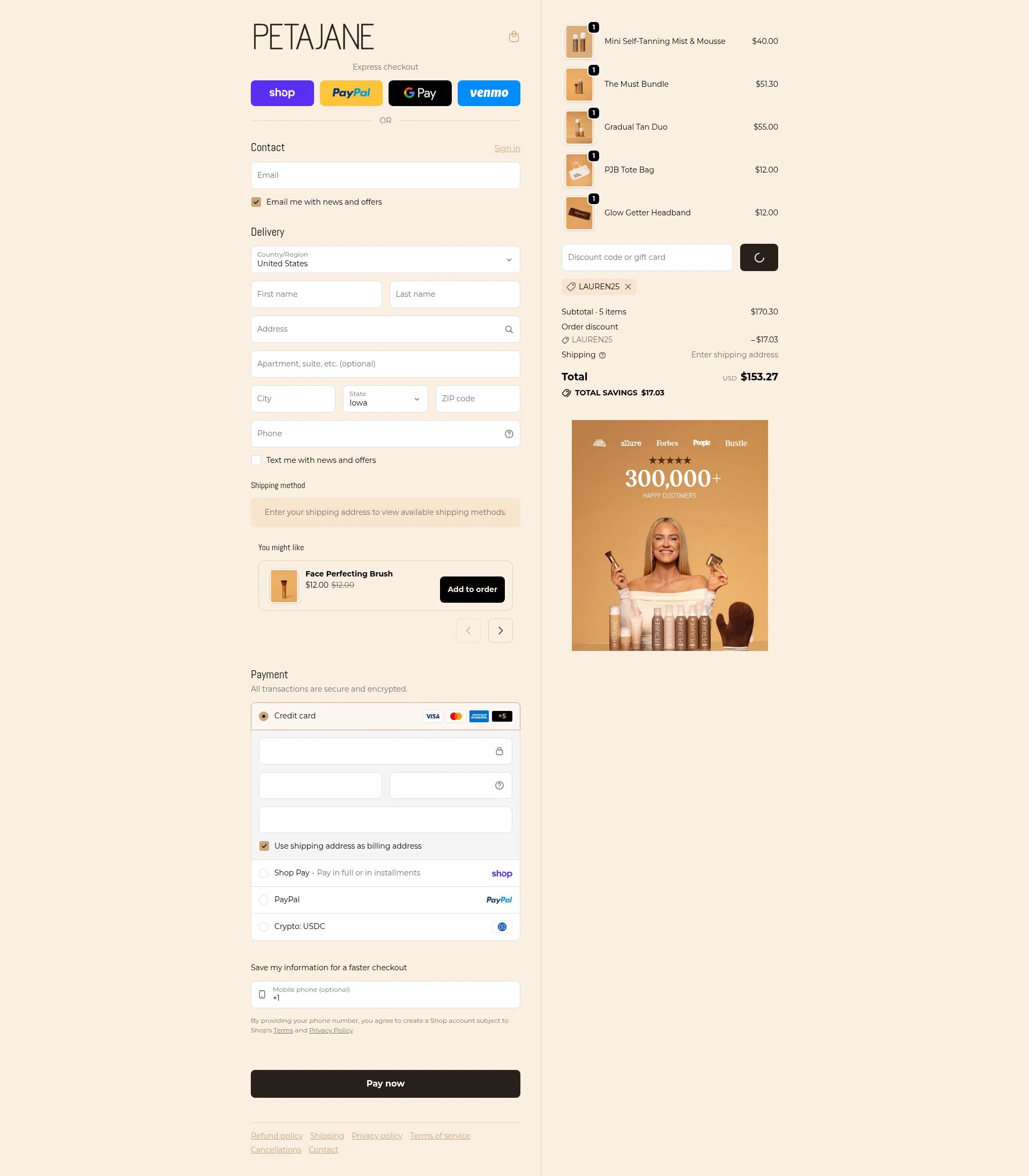 Peta Jane Beauty checkout page showing Peta Jane Beauty discount code box | Screenshot taken by SimplyCodes community member on Feb 18, 2026