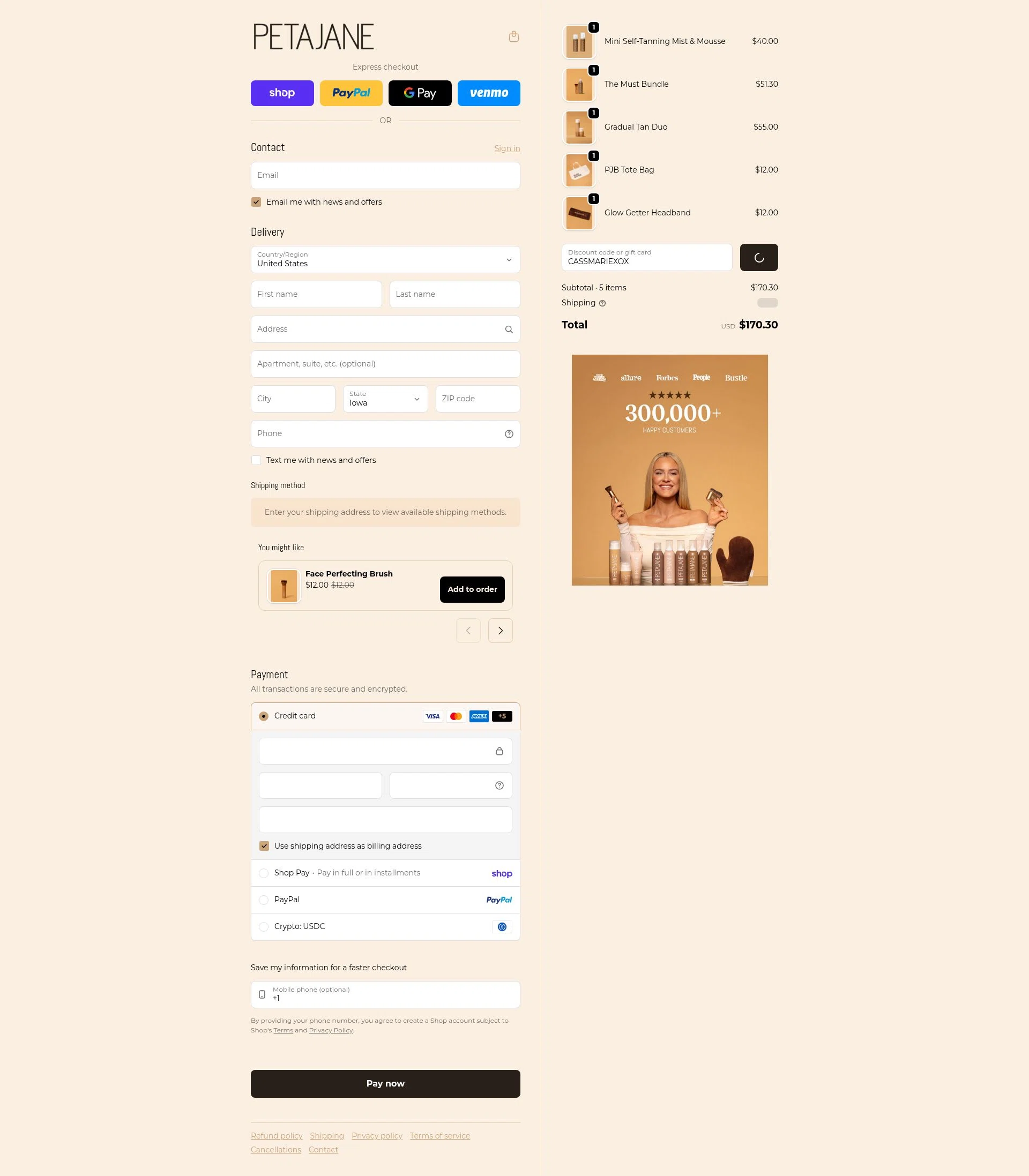 Peta Jane Beauty checkout page showing Peta Jane Beauty discount code box | Screenshot taken by SimplyCodes community member on Feb 18, 2026