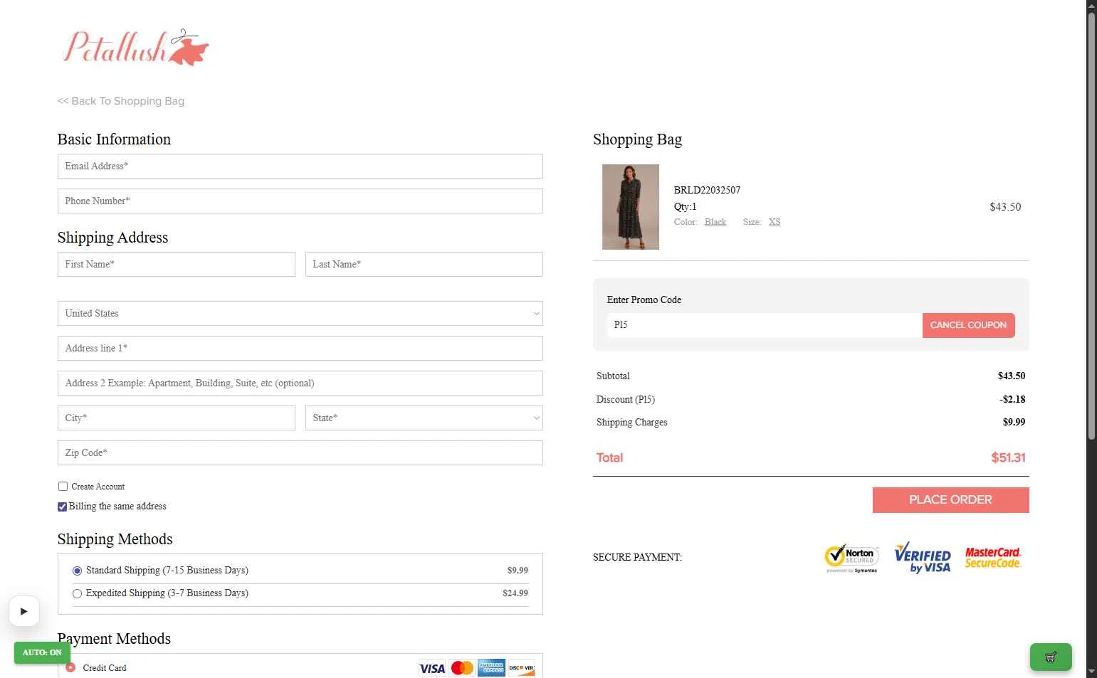 Petallush checkout page showing Petallush coupon code box | Screenshot taken by SimplyCodes community member on Jan 7, 2026