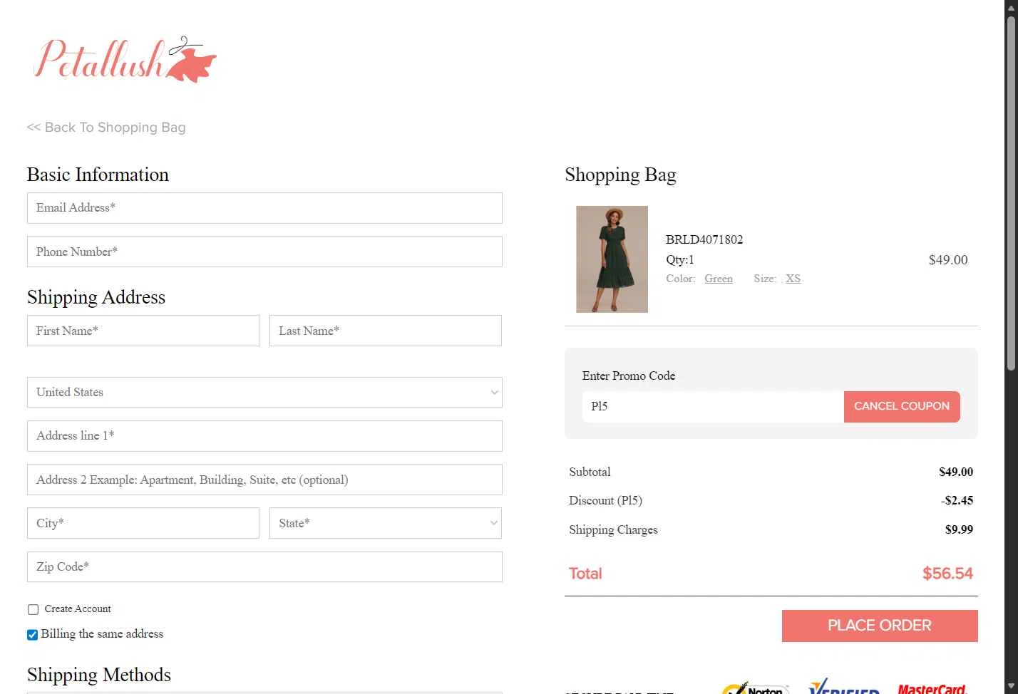 Petallush checkout page showing Petallush coupon code box | Screenshot taken by SimplyCodes community member on Jan 7, 2026