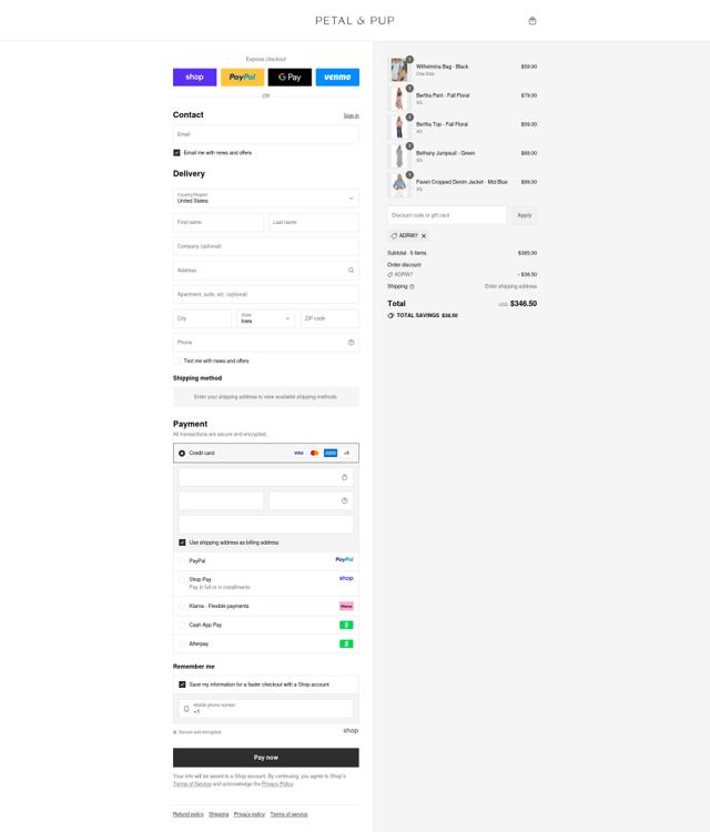 Petal & Pup checkout page showing Petal & Pup discount code box | Screenshot taken by SimplyCodes community member on Sep 14, 2025