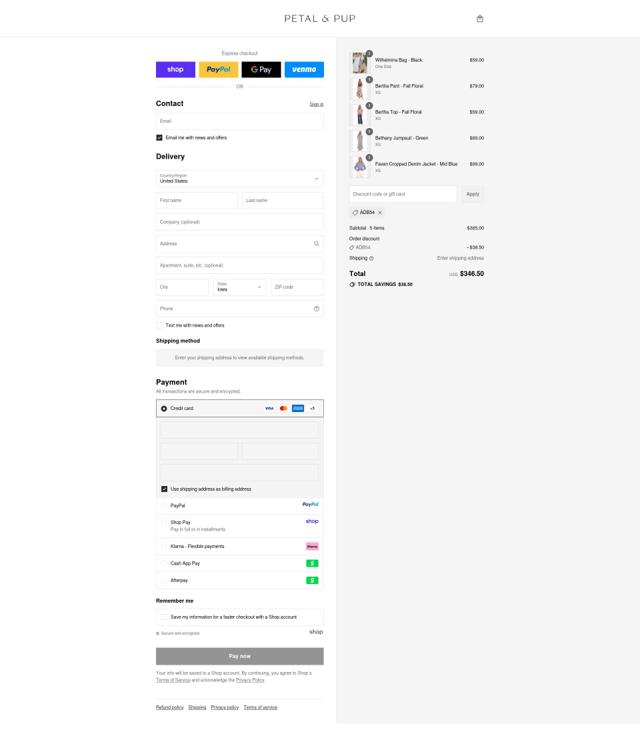 Petal & Pup checkout page showing Petal & Pup discount code box | Screenshot taken by SimplyCodes community member on Sep 14, 2025