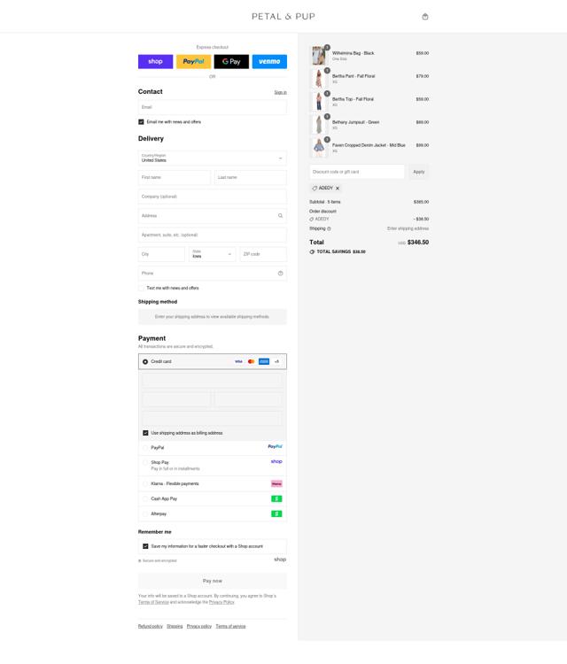 Petal & Pup checkout page showing Petal & Pup discount code box | Screenshot taken by SimplyCodes community member on Sep 14, 2025