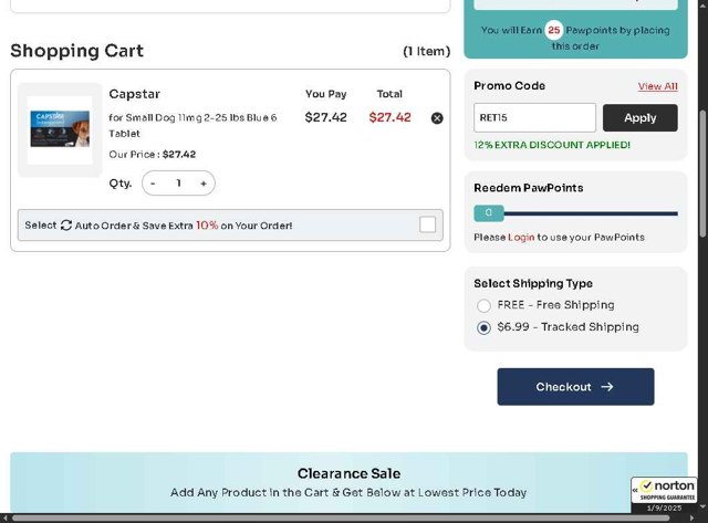 Pet Care Supplies checkout page showing Pet Care Supplies coupon code box | Screenshot taken by SimplyCodes community member on Sep 1, 2025