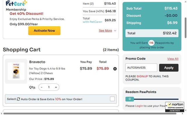 Pet Care Supplies checkout page showing Pet Care Supplies coupon code box | Screenshot taken by SimplyCodes community member on Aug 25, 2025
