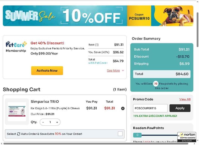 Pet Care Supplies checkout page showing Pet Care Supplies coupon code box | Screenshot taken by SimplyCodes community member on Sep 8, 2025
