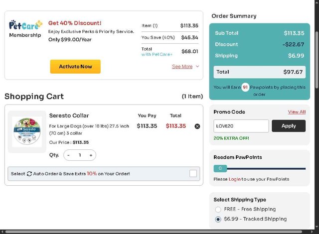 Pet Care Supplies checkout page showing Pet Care Supplies coupon code box | Screenshot taken by SimplyCodes community member on Aug 10, 2025